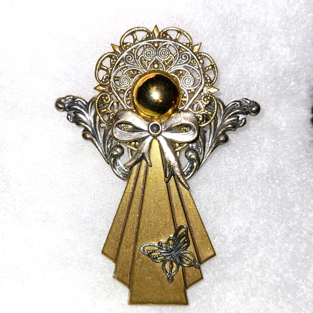 Vintage Angel Brooch Pin Made from Brass, Gold-tone & Silver-tone with Butterfly
